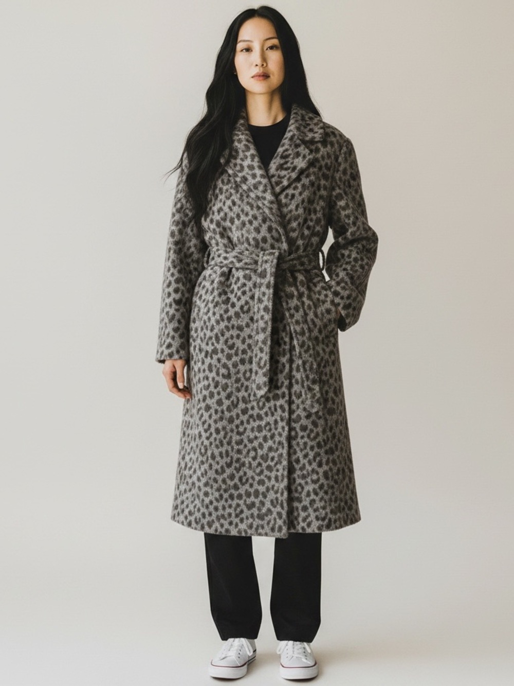 Old Navy Gray Leopard-Print Long Belted Trench Coat Womens Size XL Wrap